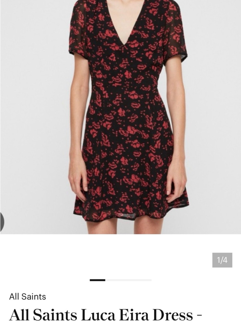 All Saints Black Mini Dress with Red Floral Print NWOT
